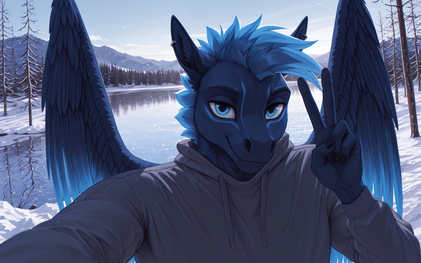 anthro blue_body blue_eyes blue_feathers blue_fur blue_hair clothed clothing detailed_background ear_piercing feathered_wings feathers fingers forest fur gesture hair hoodie lake looking_at_viewer male mythological_equine mythology outside piercing plant selfie sky smile snow solo topwear tree v_sign water wings winter vittelbone_director vittelbone equid equine horse mammal mythological_creature pegasus hi_res