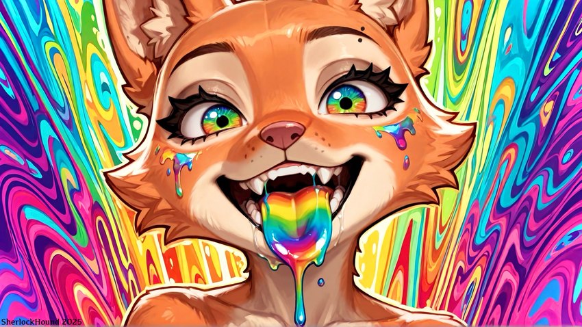 anthro bright_colors countershading eyebrows eyelashes female fur genitals glistening grin inner_ear_fluff looking_at_viewer markings multicolored_body multicolored_eyes orange_body orange_fur paint paint_splatter pink_nose rainbow smile solo tongue tongue_out tuft sherlock_hound_(director) diane_foxington canid canine fox mammal hi_res