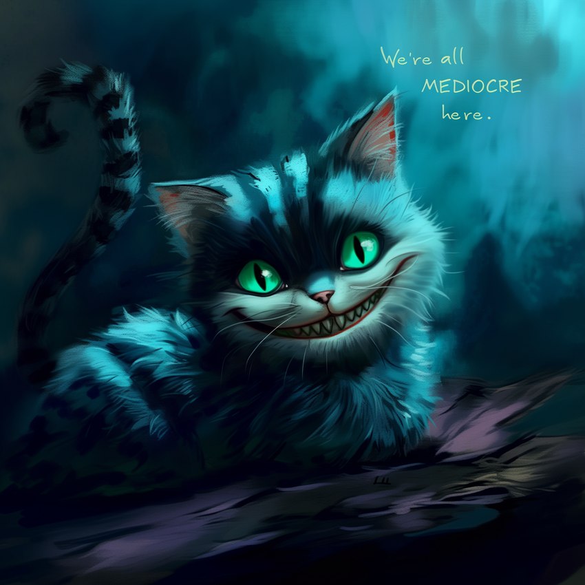 blue_background blue_body feral green_eyes grimace inner_ear_fluff male pink_nose simple_background sitting solo stripes tail teeth text tuft whiskers sappy_(director) cheshire_cat_(species) felid feline mammal hi_res oil_painting_(artwork) painting_(artwork) traditional_media_(artwork)