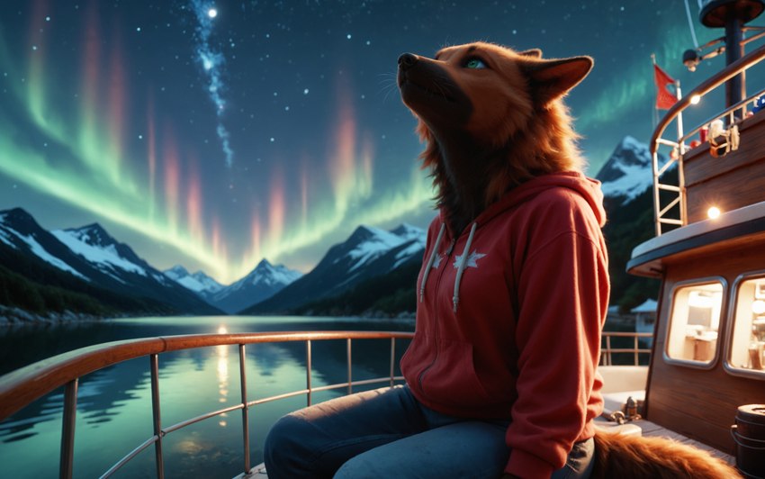 anthro aurora_borealis black_body black_fur boat bottomwear brown_body brown_fur clothing cosmic_background denim denim_clothing female fur green_eyes hoodie jeans lake milky_way mountain mountains multicolored_body multicolored_fur night night_sky pants red_clothing red_hoodie red_topwear scenery sitting snow solo star topwear two_tone_body two_tone_fur vehicle watercraft winter_background hummuna canid canine mammal maned_wolf hi_res watermark