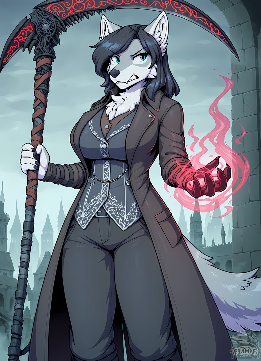 anthro big_breasts black_hair blue_eyes breasts clothing detailed_background female fur grey_body grey_fur hair magic_user melee_weapon multicolored_body polearm scythe solo tuft weapon official_floof_inspector canid canine canis mammal wolf absurd_res hi_res