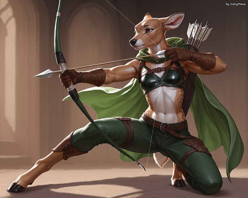 action_pose anthro armor bow_(weapon) cape cloak clothing ears_back ears_down female leather leather_clothing pivoted_ears pose ranged_weapon solo weapon ivorymane cervid mammal watermark