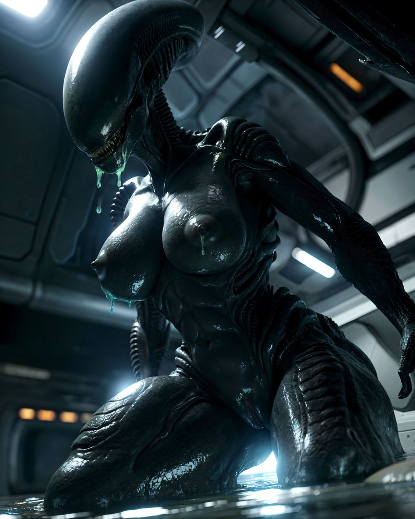 anthro black_nipples bodily_fluids breasts dripping female genitals glistening glistening_body low-angle_view nipples partially_submerged prompt pussy saliva saliva_drip science_fiction sharp_teeth solo teeth thick_thighs water purrfectlyai alien xenomorph absurd_res hi_res