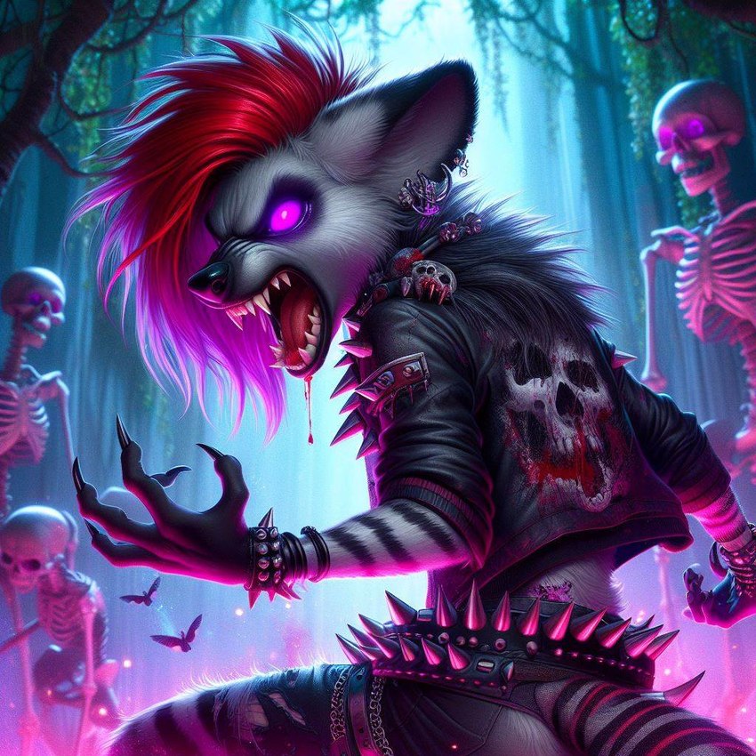 anthro apocalypse bodily_fluids bone burning collar crystal ear_piercing ear_ring female fur glowing glowing_eyes grey_body grey_fur hair piercing purple_eyes red_hair ring_piercing skeleton spiked_collar spikes tears teeth yelling icefoxai trrith_(character) hyaenid mammal