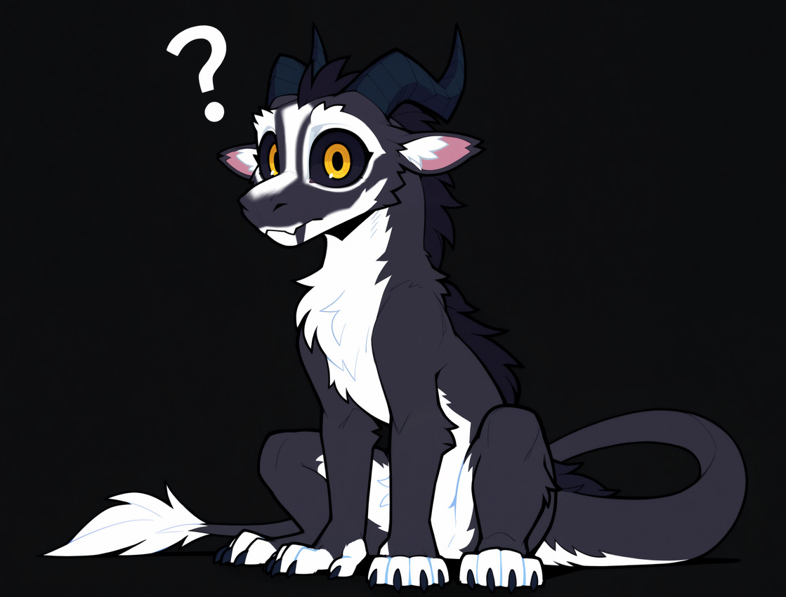 4_toes 5_fingers big_eyes black_background black_body black_claws black_fur black_horn black_sclera chibi claws feet feral fingers fur horn looking_at_viewer male question_mark simple_background sitting sitting_on_ground solo tail_tuft toes tuft white_body white_fur yellow_eyes adragocult felkin mammal absurd_res hi_res