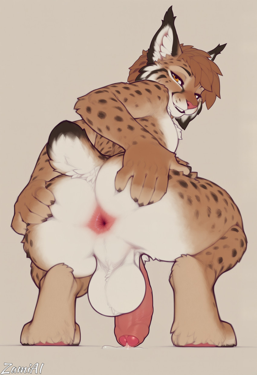 anthro anus backsack balls big_balls big_butt big_penis bodily_fluids butt crouching foreskin genital_fluids genitals humanoid_genitalia humanoid_penis looking_at_viewer looking_back looking_back_at_viewer low-angle_view male orange_eyes penis precum smile solo spread_butt spreading teeth zamiai felid feline lynx mammal absurd_res hi_res