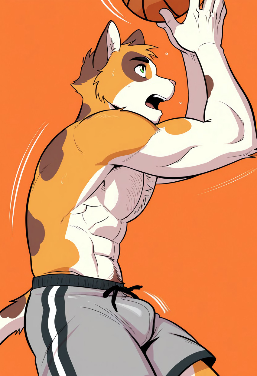 abs anthro basketball body_hair bottomwear brown_body brown_fur bulge chest_hair clothing fur green_eyes hair male motion_lines mottled muscular muscular_anthro muscular_male navel open_mouth orange_background orange_body orange_fur piebald pink_nose shorts simple_background solo white_body white_fur positivelyberries_(director) calico_cat domestic_cat felid feline felis humanoid mammal 2025 absurd_res hi_res