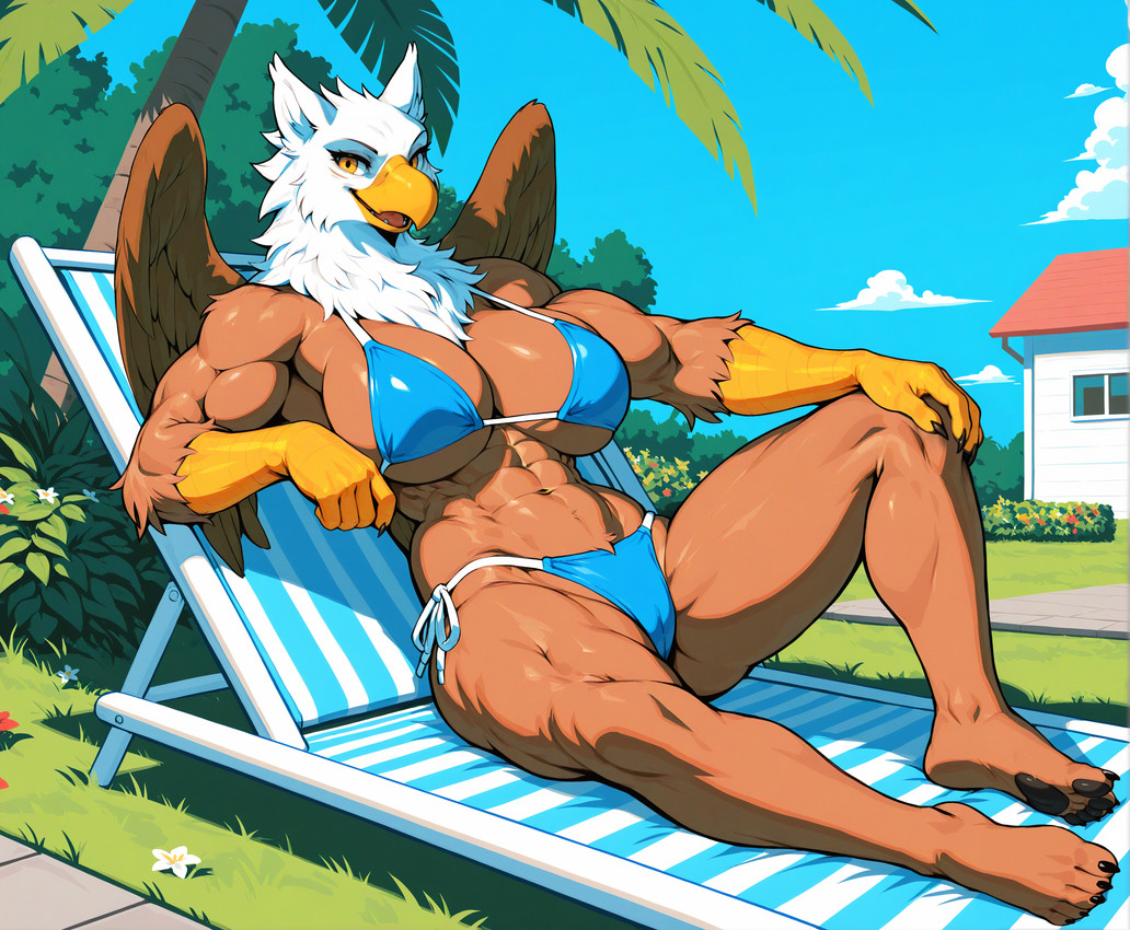 5_toes abs anthro beak biceps big_breasts big_muscles bikini blue_bikini blue_clothing blue_swimwear breasts brown_body brown_feathers brown_fur building camel_toe chair claws cleavage clothed clothing cloud day deltoids detailed_background feathered_wings feathers feet female fingers flower fur furniture glistening glistening_body grass hand_on_knee hand_on_leg house looking_at_viewer lounge_chair muscular muscular_anthro muscular_arms muscular_female muscular_thighs navel open_mouth open_smile outside palm_tree pawpads plant reclining serratus side-tie_bikini side-tie_clothing side-tie_swimwear sitting sky smile solo string_bikini sunbathing swimwear toe_claws toes tree white_body white_feathers wings yellow_eyes lieutenant_chuck accipitrid accipitriform avian bald_eagle bird eagle gryphon mythological_avian sea_eagle hi_res