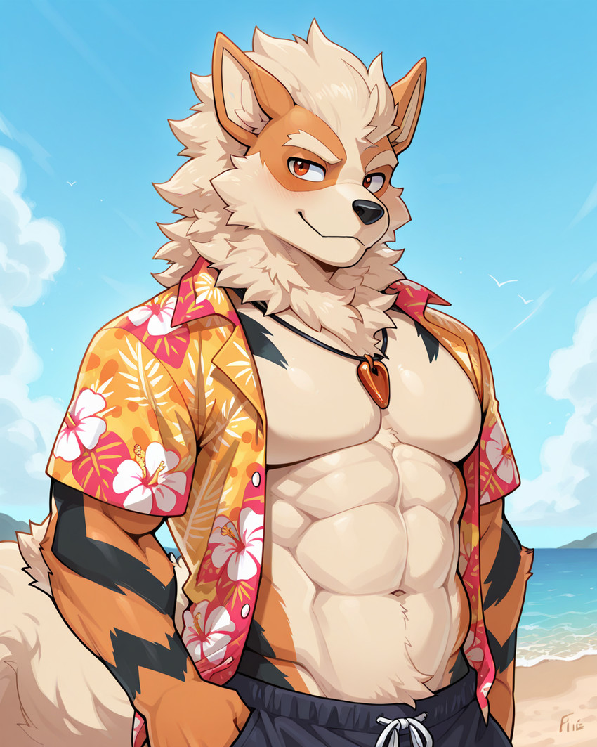 abs aloha_shirt anthro beach bottomwear broad_shoulders clothing fluffy fluffy_tail fur jewelry male muscular muscular_male neck_tuft necklace orange_body orange_fur pattern_clothing pattern_shirt pattern_topwear seaside shirt shorts sky solo topwear tuft alastorgj nintendo pokemon arcanine generation_1_pokemon pokemon_(species) hi_res