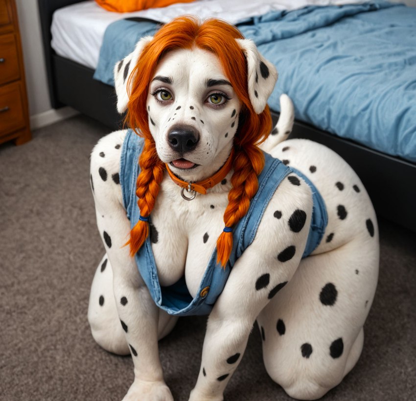 all_fours anthro bedroom black_nose braided_hair breasts cleavage clothed clothing collar female fur hair red_hair solo spots twintails_(hairstyle) girlswithsnouts canid canine canis dalmatian domestic_dog mammal hi_res