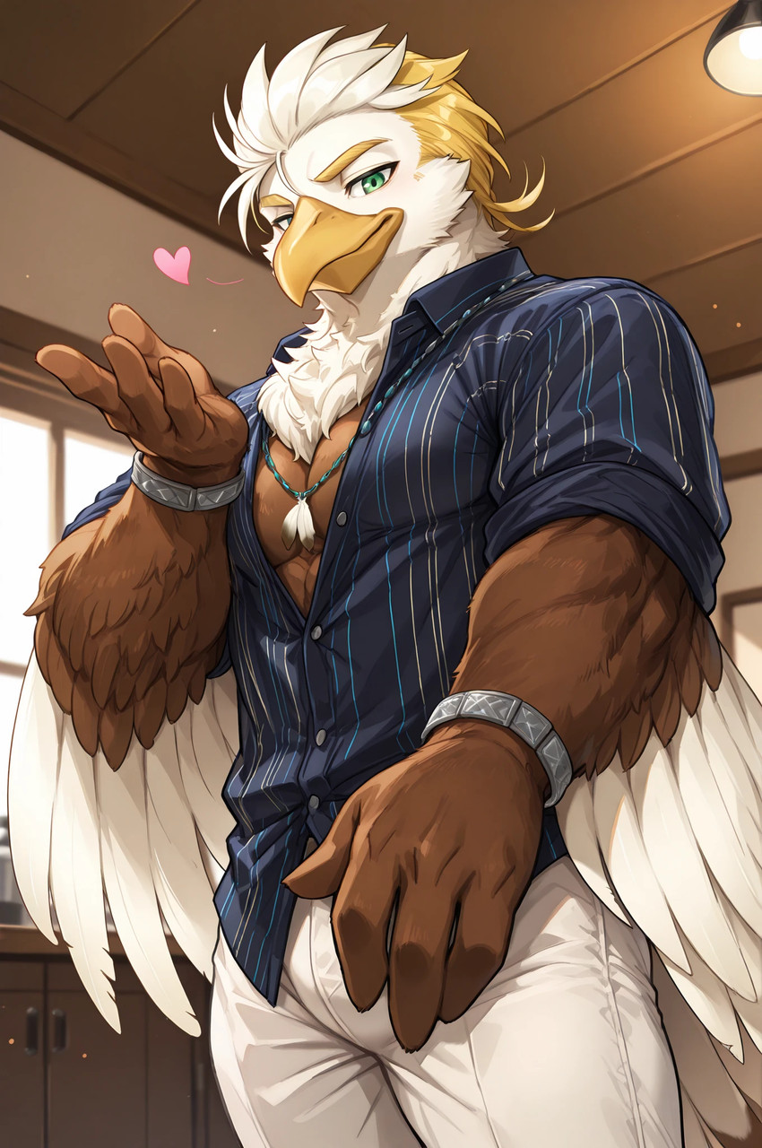 4_fingers <3 anthro blue_clothing bottomwear bracelet brown_body clothing feathers fingers green_eyes jewelry male mouth_closed muscular necklace pants solo white_body white_bottomwear white_clothing white_feathers white_pants knock50927 tokyo_afterschool_summoners thunderbird_(tas) accipitrid accipitriform avian bird eagle hi_res