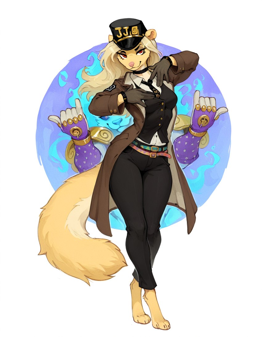 4_toes barefoot belt blonde_hair bottomwear breasts claws clothed clothing cosplay digitigrade feet female fingers fur gesture gloves hair handwear hat headgear headwear jojo_pose long_hair looking_at_viewer necktie pants pink_nose pose red_eyes shirt simple_background smile solo standing text toes topwear yellow_body yellow_fur gshepanon jojo's_bizzare_adventure mila_minx ghost mammal mink mustelid musteline spirit true_musteline hi_res