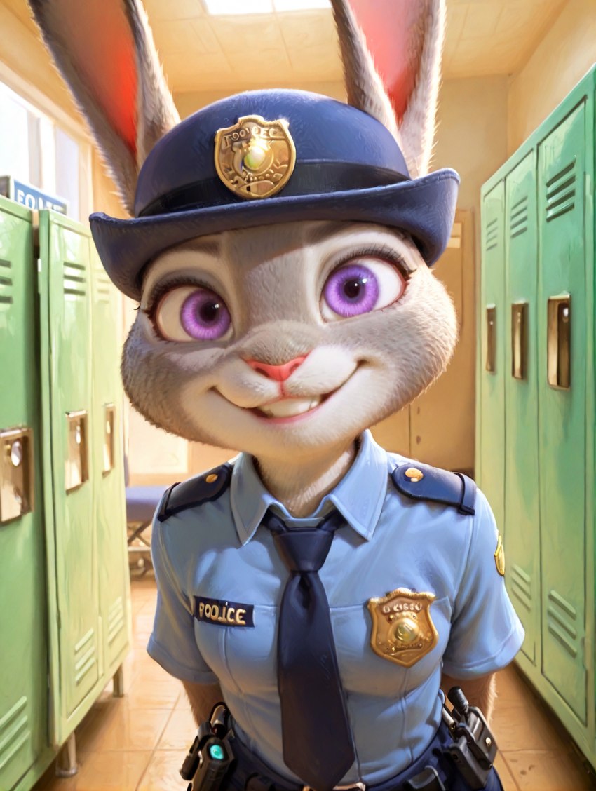 anthro breasts close-up clothing disney female front_view fur furniture leaning leaning_forward locker_room looking_at_viewer office police_badge police_hat police_uniform purple_eyes small_breasts smile solo standing uniform majorrenegade zootopia judy_hopps lagomorph leporid mammal rabbit detailed hi_res