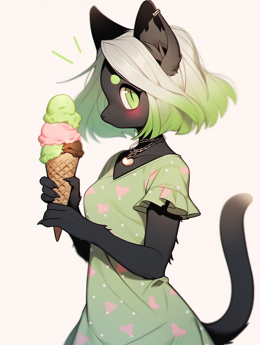 3_fingers anthro circle_eyebrows clothing dessert dress ear_piercing eyebrows eyelashes female fingers food gradient_hair green_eyes green_highlights hair highlights_(coloring) ice_cream jewelry necklace pattern_clothing piercing solo white_hair sappy_(director) felid feline mammal hi_res