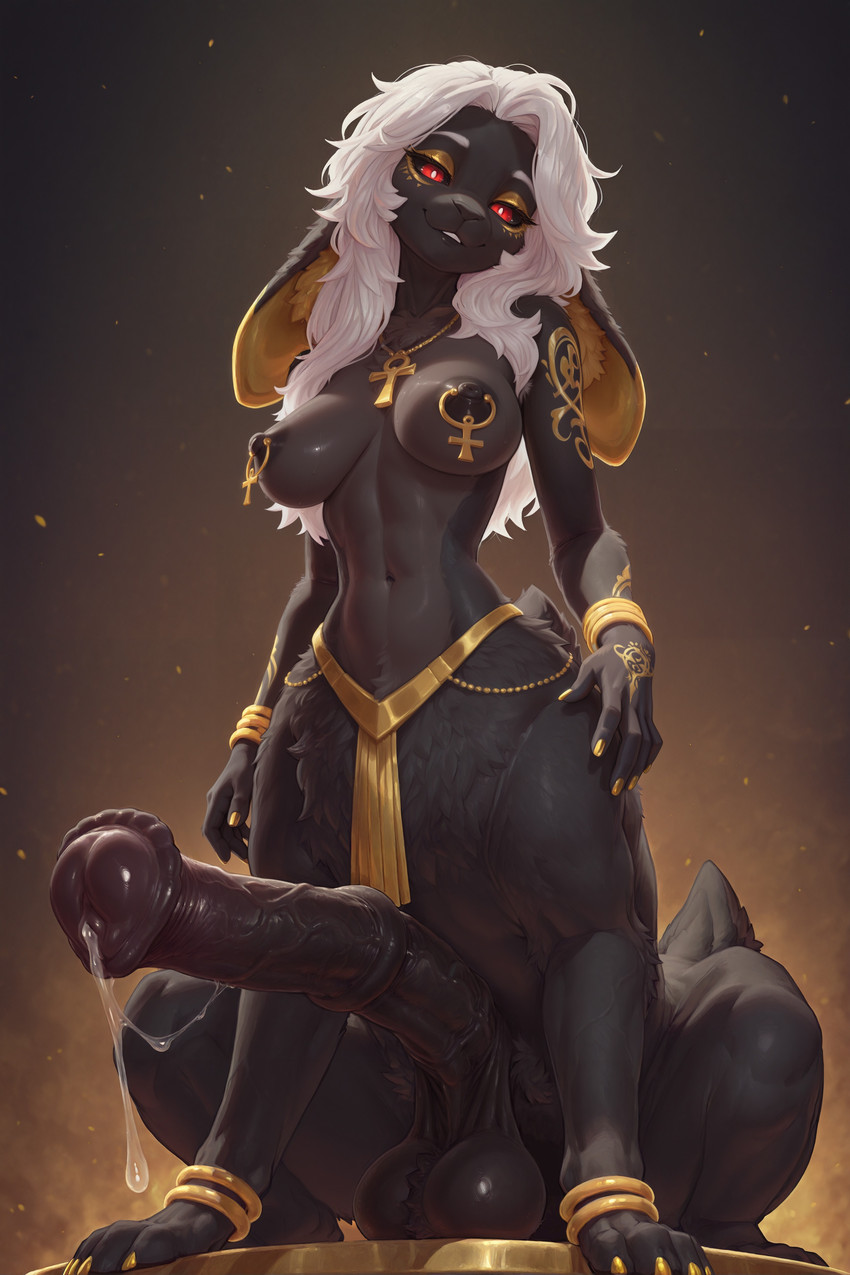 animal_genitalia animal_penis ankh anthro areola balls bedroom_eyes big_balls big_penis black_balls black_body black_fur black_nipples black_penis black_sclera bodily_fluids bottomwear bracelet breasts casual_exposure clothing dripping egyptian equine_genitalia equine_penis erection fingers flared_penis fur genital_fluids genitals gold_(metal) gold_jewelry gynomorph hair head_tilt huge_balls huge_penis intersex jewelry leaking_precum long_ears long_hair looking_at_viewer medial_ring narrowed_eyes navel necklace nipple_piercing nipples penis piercing precum precum_drip precum_on_penis precum_string presenting presenting_penis quadruped red_eyes ring_piercing saggy_balls seductive short_tail sitting_on_ground smile solo spread_legs spreading tail vein veiny_penis white_hair sparagmos lagomorph laquine leporid mammal mammal_taur rabbit taur absurd_res hi_res