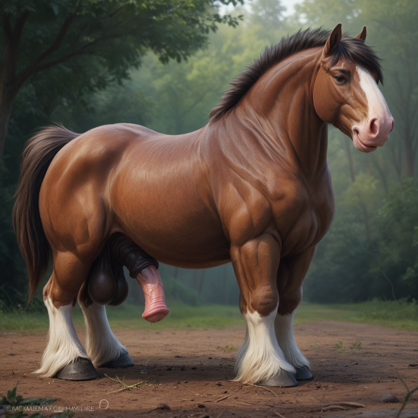 animal_genitalia animal_penis balls big_penis equine_genitalia equine_penis feral fur genitals half-erect male muscular muscular_male nature nature_background penis plant saggy_balls solo tree sounds_like_thunder draft_horse equid equine horse mammal attempted_signature hi_res