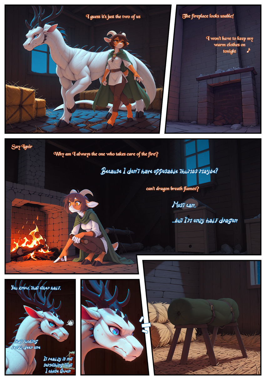 annoyed anthro barn breeding_mount clothed_female dark dialogue duo female female_anthro feral fire fire_light fireplace hay inside male male/female male_feral mythology night nonimousmate gwen_(nonimousmate) ignir_(nonimousmate) bovid caprine cervid dragon goat hybrid mammal mythological_creature mythological_scalie scalie comic hi_res