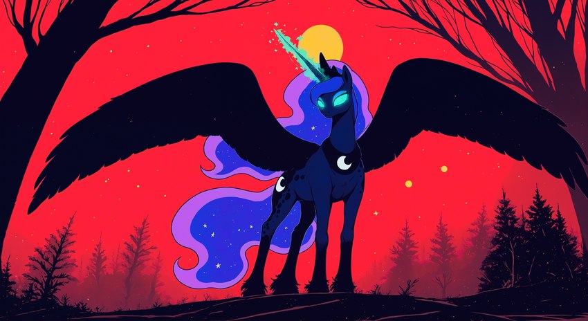 cutie_mark female feral forest glowing glowing_eyes glowing_horn hair horn moon nude plant red_sky sky solo spread_wings star starry_sky tree wings tamrad friendship_is_magic my_little_pony princess_luna_(mlp) equid equine horse mammal pony winged_unicorn absurd_res flat_colors hi_res