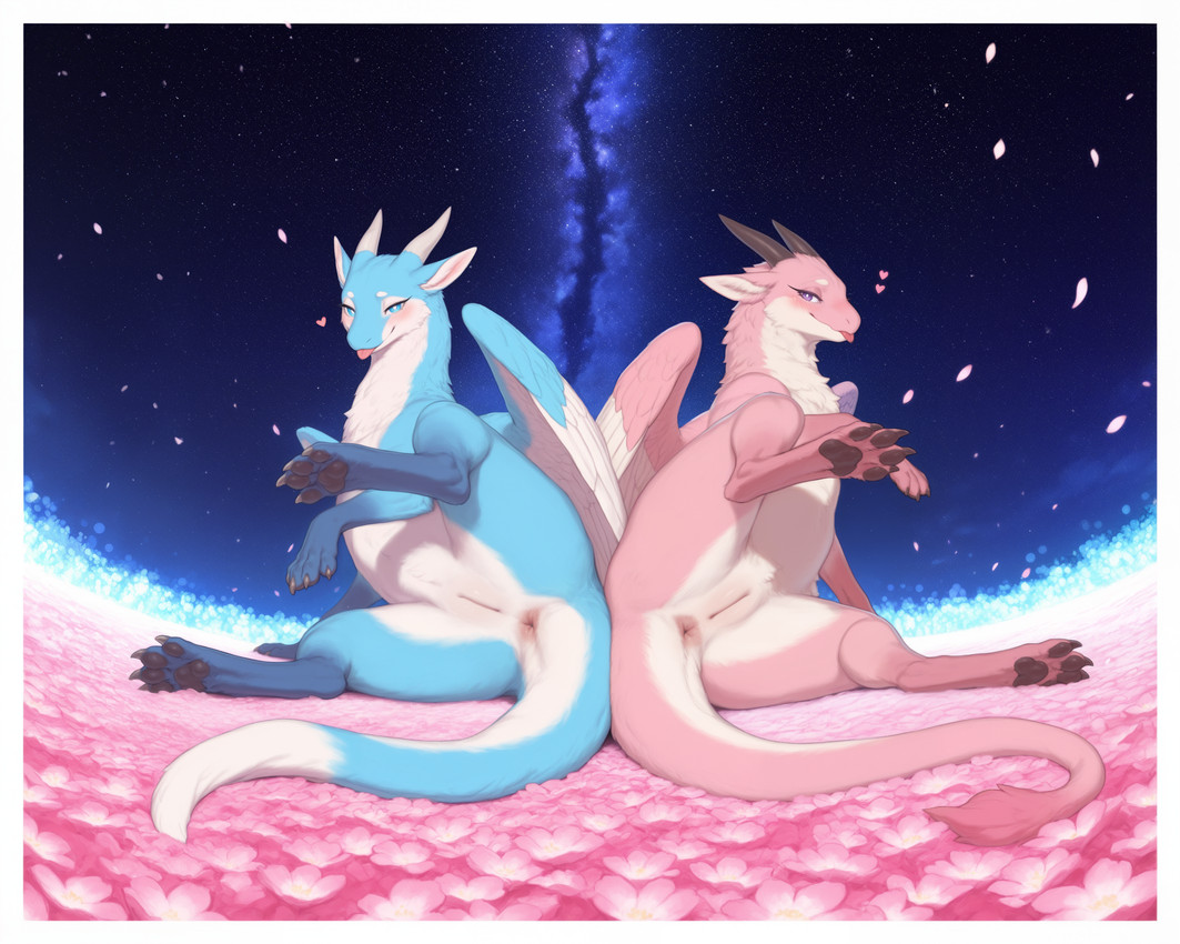 2_horns 4_toes animal_genitalia anus back_to_back bedroom_eyes black_claws black_horn black_pawpads blep blue_body blue_eyes blue_fur blue_tail blush border brown_pawpads butt cherry_blossom claws countershading detailed_background digitigrade dipstick_tail duo feathered_wings feathers feet female female/female female_feral feral fisheye_lens flower flower_field folded_wings fur genitals heart_symbol horn innie_pussy looking_at_viewer lying markings monotone_genitals multicolored_body multicolored_fur multicolored_tail mythology narrowed_eyes night on_side one_eye_closed pawpads paws pink_anus pink_body pink_feathers pink_fur pink_genitals pink_pussy pink_tail pink_tongue pink_wings plant presenting presenting_anus presenting_hindquarters presenting_pussy pupils purple_eyes pussy quadruped seductive sky smile spread_legs spreading star starry_sky tail tail_anus tail_markings tail_tuft take_your_pick toe_claws toes tongue tongue_out tuft two_tone_body two_tone_fur white_body white_border white_feathers white_fur white_genitals white_horn white_pupils white_tail wings burioth dragon feathered_scalie furred_dragon furred_scalie mythological_creature mythological_scalie scalie detailed digital_media_(artwork) hi_res