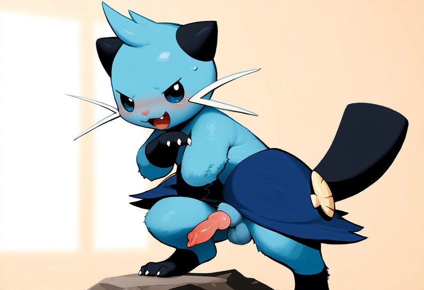 animal_genitalia anthro balls black_ears blue_body blue_eyes blue_fur blush bodily_fluids claws cowlick fur genitals hair knot male otter_tail penis pose sheath shell solo sweat toe_claws whiskers director_seam dewott generation_5_pokemon lutrine mammal mustelid pokemon_(species)