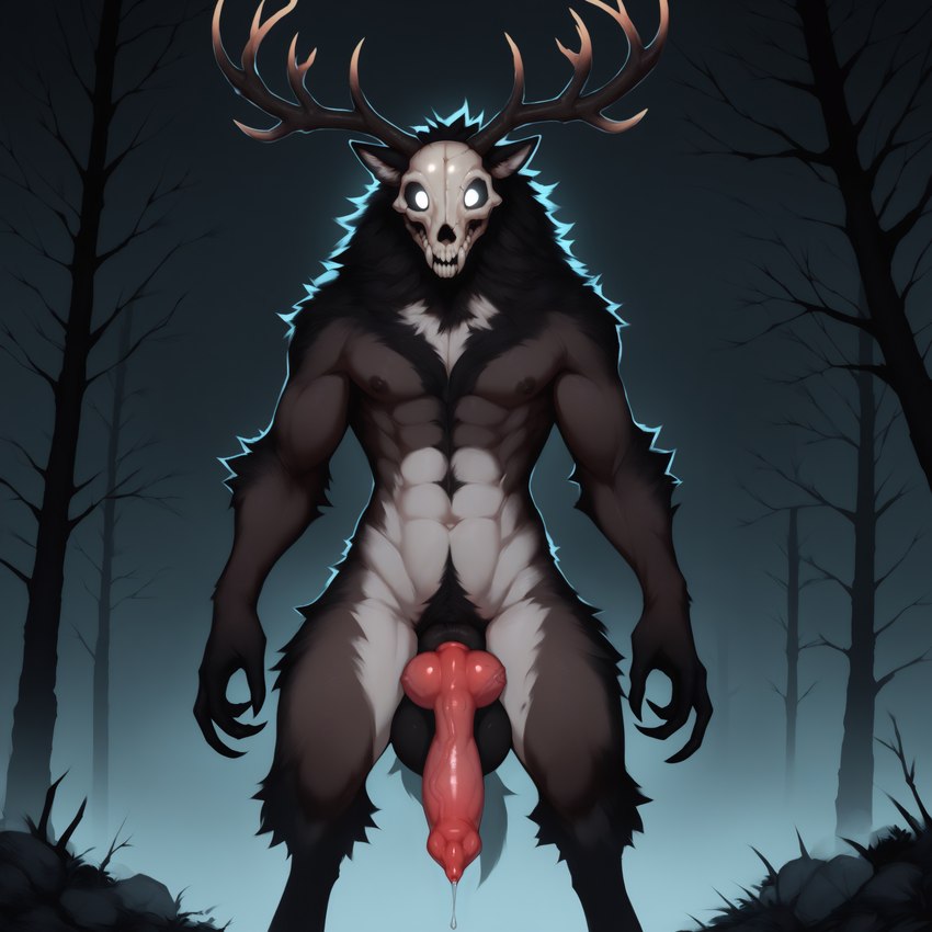 abs animal_genitalia animal_penis anthro antlers backlighting ball_tuft balls big_balls big_penis black_body black_fur bodily_fluids bone canine_genitalia canine_penis claws crotch_tuft dripping erection finger_claws forest fur genital_fluids genitals glowing glowing_eyes hanging_penis horn huge_penis knot leaking_precum light looking_at_viewer male muscular muscular_anthro muscular_male navel neck_tuft nipples nude outside pecs penis plant precum precum_drip pubes saggy_balls sharp_claws sheath skull skull_head solo standing teeth tree tuft vein veiny_penis anotheranon canid canine cervid mammal monster wendigo absurd_res hi_res lighting