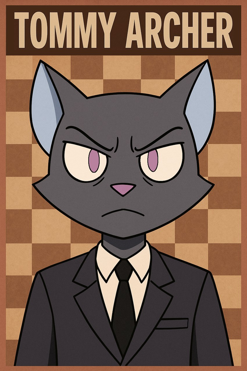 anthro border business_suit checkered_background clothing fur glare grey_body grey_fur looking_at_viewer male necktie pattern_background pink_eyes poster simple_background solo suit jade~frost tommy_archer domestic_cat felid feline felis mammal 2025 digital_media_(artwork) hi_res