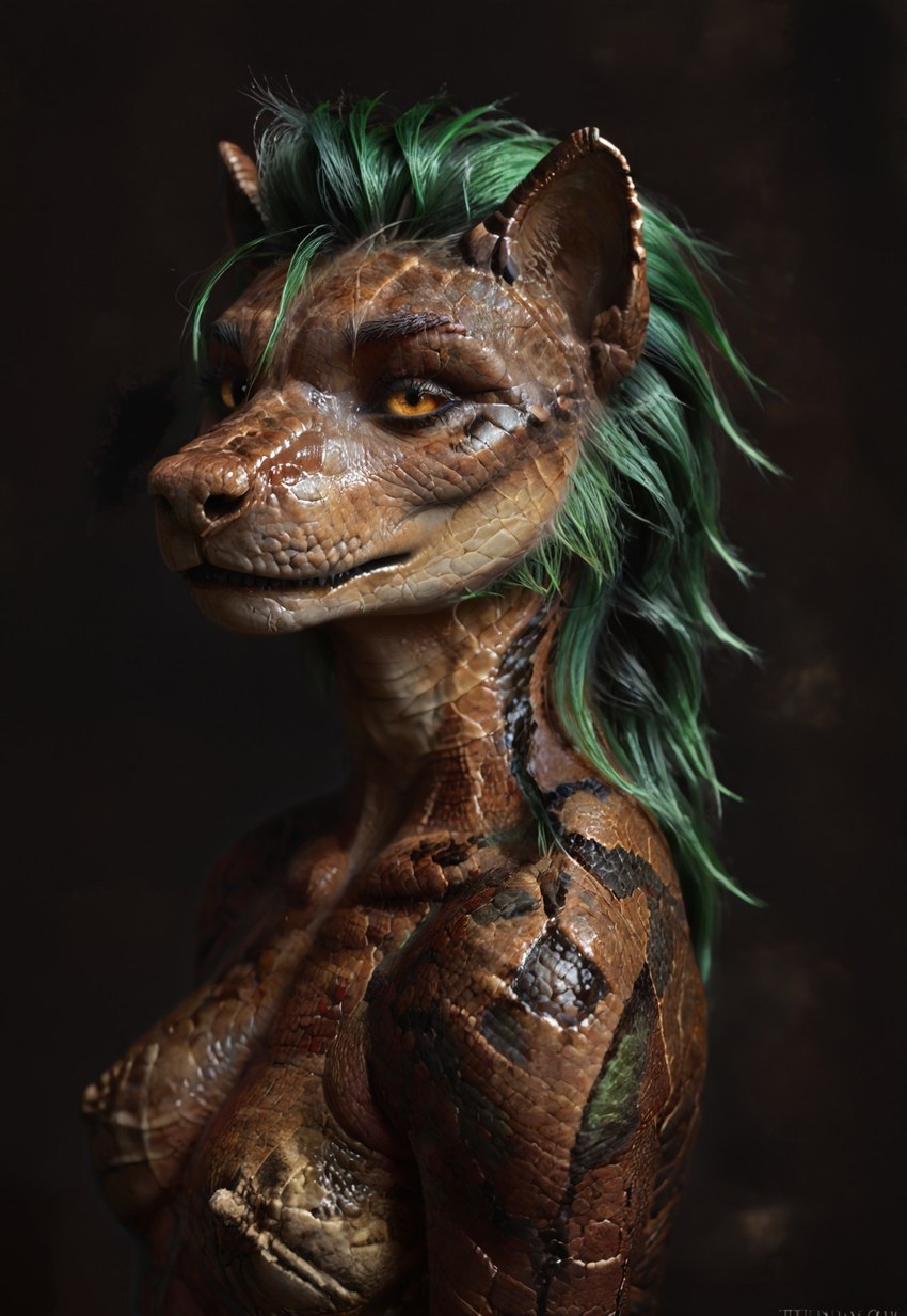 animal_ears anthro breasts detailed_fur female green_hair hair nipples nude photorealism photorealistic realistic scales solo joeverlong canid canine canis dinosaur dromaeosaurid hybrid mammal reptile scalie theropod wolf detailed hi_res