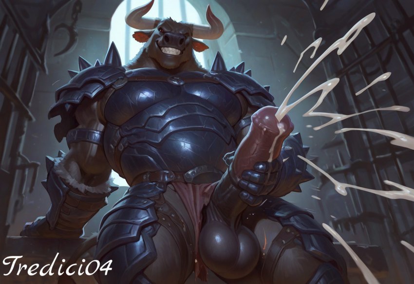 animal_genitalia animal_penis armor balls bodily_fluids cum ejaculation equine_penis eyes_closed genital_fluids genitals horn male muscular penis prison smile smiling_at_viewer solo tredici04 bovid bovine humanoid mammal minotaur