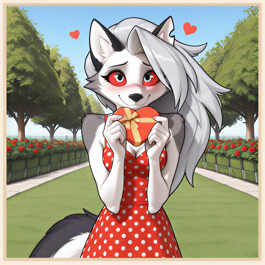 <3 anthro big_eyes blushing_at_viewer breasts cleavage clothed clothing dress female fur happy holding_gift holding_object looking_at_viewer park shy slim solo standing sunny cellz55 hellaverse helluva_boss valentine's_day loona_(helluva_boss) canid canid_demon demon hellhound mammal hi_res