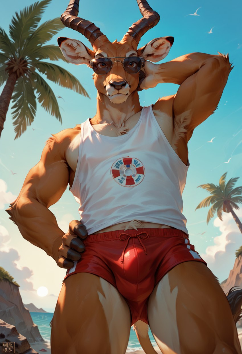 anthro armpit_showing beach blue_sky bottomwear brown_body brown_fur bulge clothing day eyewear front_view fur hand_behind_head hand_on_hip horn hotpants lifeguard looking_at_viewer male multicolored_body multicolored_fur outdoors sea seaside shirt shorts sky solo standing sunglasses swimwear tan_body tan_fur tank_top tanktop topwear tropical two_tone_body two_tone_fur water matt3985_(director) phazon ambient_bird antelope avian bird bovid mammal attempted_signature hi_res portrait three-quarter_portrait