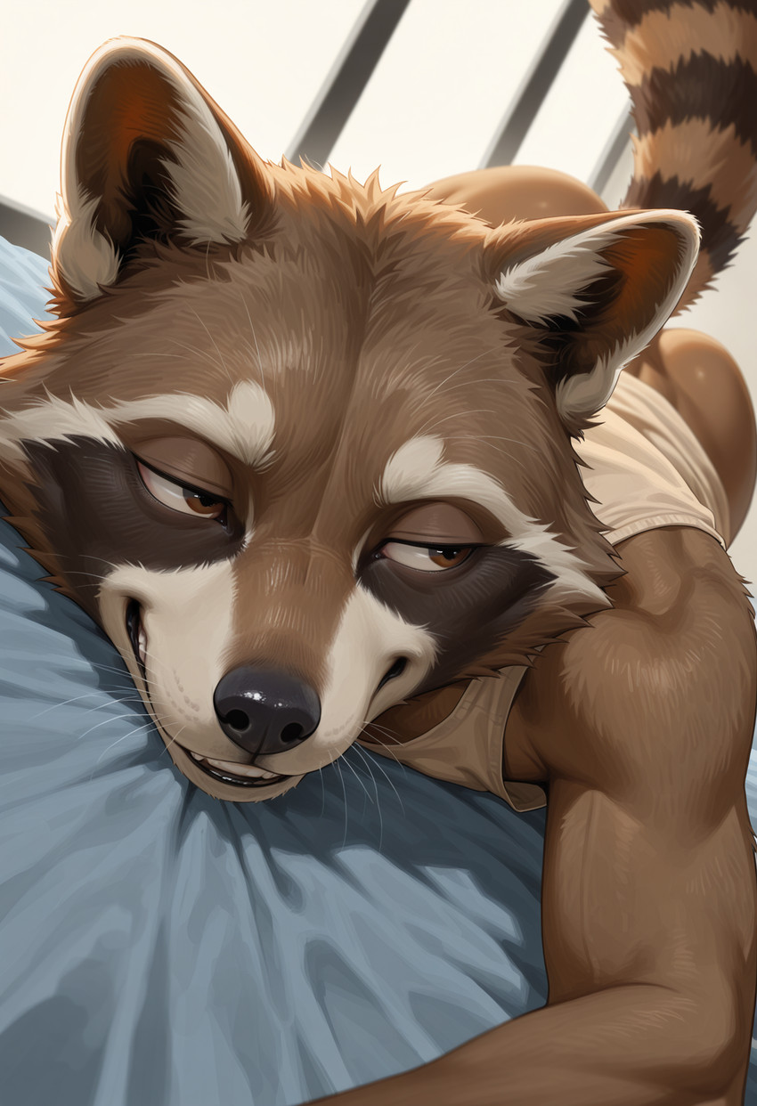 anthro bed brown_body brown_eyes brown_fur butt cheek_tuft close-up clothed clothing facial_tuft fluffy_ears fur furniture half-closed_eyes looking_away lying male markings narrowed_eyes on_front pantsless partially_clothed shirt smile solo striped_markings striped_tail stripes tail_markings tank_top teeth topwear tuft whisker_spots whiskers ratori rocket_raccoon mammal procyonid raccoon hi_res