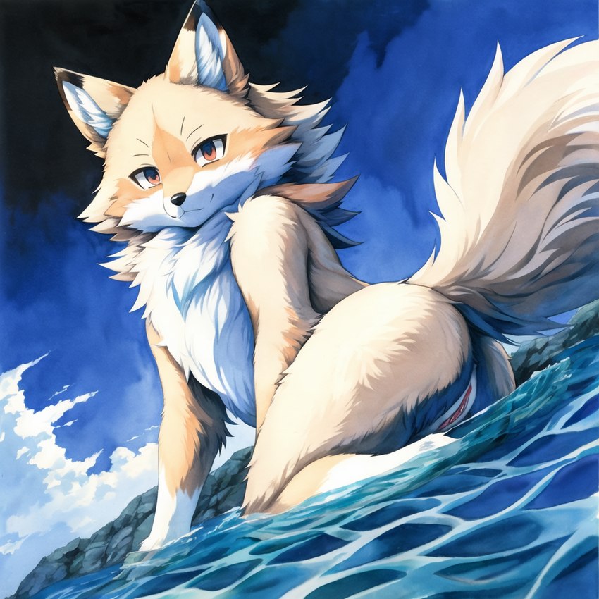 anthro female genitals looking_at_viewer nude outside pussy sea sitting_in_water solo water denis0k canid canine fox mammal