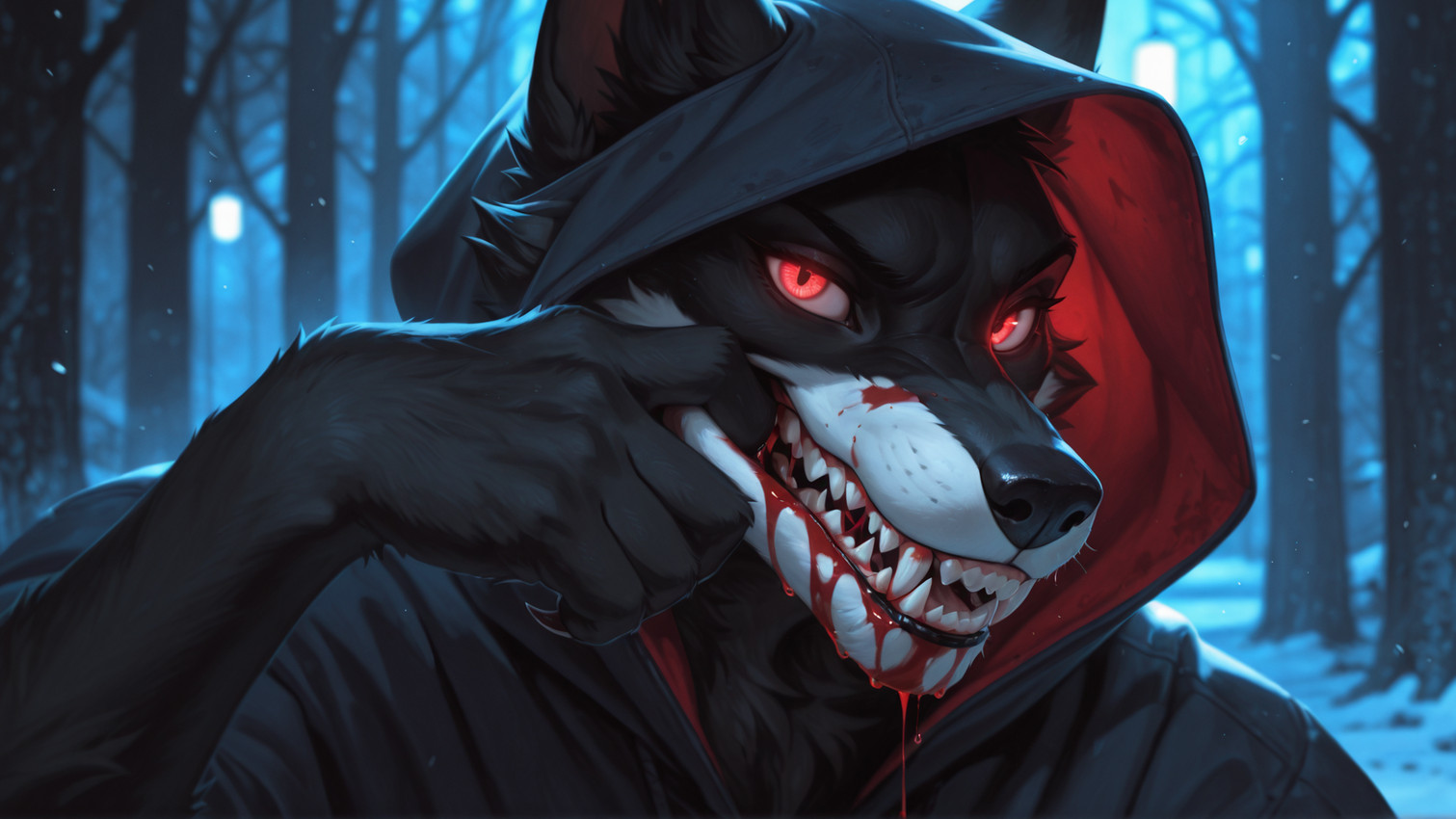 angry anthro black_claws blood_on_face claws dripping_blood fangs forced_smile glowing glowing_eyes gore grimdark hood_cloak male red_eyes showing_teeth solo teeth skotuk canid canine canis mammal wolf hi_res