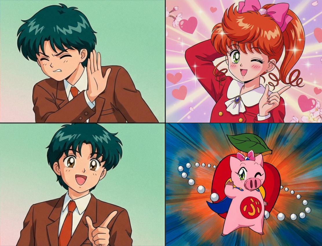 abstract_background accessory blush bow_ribbon brown_eyes cape clenched_teeth clothed clothing drakeposting eyes_closed female feral floating_heart gem gesture green_eyes green_hair group hair hair_accessory hair_bow hair_ribbon male necktie one_eye_closed open_mouth open_smile orange_hair pearl_(gem) pink_body pointing ribbons school_uniform semi-anthro smile superhero teeth trio uniform tyto4tme4l tonde_buurin buurin kokubu_karin mizuno_koichi domestic_pig human mammal suid suina sus_(pig) hi_res meme