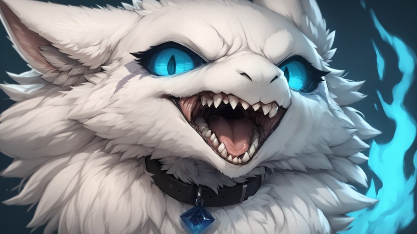 ambiguous_gender angry bared_teeth black_collar blue_eyes blue_fire blue_sclera cheek_tuft collar colored_fire eyelashes facial_tuft feral fire front_view fur furrowed_brow gem inner_ear_fluff jewelry monotone_body monotone_fur neck_tuft open_mouth sharp_teeth simple_background solo teeth tongue tuft white_body white_fur scalesai luna_(scalesai) dragon furred_dragon headshot_portrait hi_res portrait widescreen