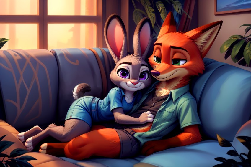 anthro clothed clothing cuddling disney duo ears_up embrace female fully_clothed furniture hug inside lounging lying male male/female on_back on_sofa smile sofa happ1ness_(director) zootopia judy_hopps nick_wilde canid canine fox lagomorph leporid mammal rabbit