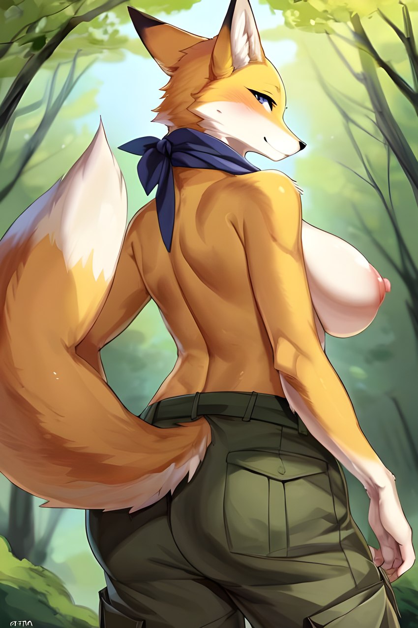 anthro big_breasts black-tipped_ears bottomwear breasts cargo_shorts clothed clothing dipstick_tail female fluffy fluffy_tail forest fur inner_ear_fluff looking_back markings neckerchief nipples outside pink_nipples plant shorts smile solo tail_markings topless tree tuft white_body white_fur yellow_body yellow_fur arizon ember_the_firesmart_fox canid canine fox mammal absurd_res hi_res