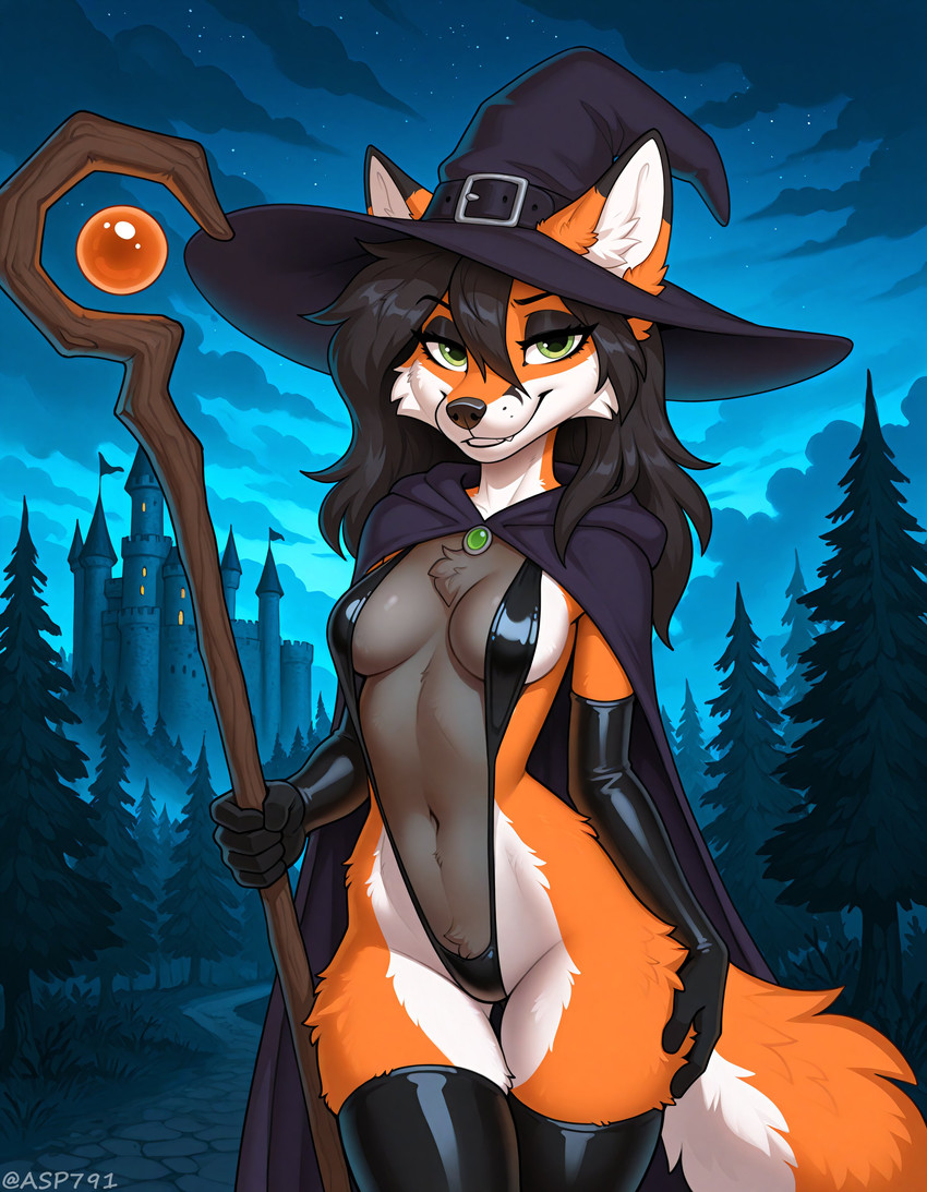 anthro bedroom_eyes black_hair breasts castle cloak clothing detailed_background female forest forest_background hair halloween hat headgear headwear latex_armwear latex_legwear legwear lingerie looking_at_viewer narrowed_eyes nature nature_background plant red_body seductive solo staff thigh_highs tree witch_hat asp791_(director) reyn_(asp791) canid canine fox mammal red_fox absurd_res hi_res