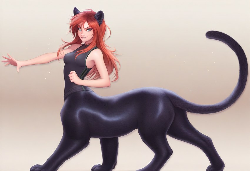 black_body black_fur bottomless clothed clothing digitigrade female fur hair long_hair looking_at_viewer nude red_hair shirt simple_background smile solo standing tasteful_nudity topwear twisting director_crashbandit animal_humanoid cat_humanoid felid felid_humanoid felid_taur feline feline_humanoid humanoid humanoid_taur mammal mammal_humanoid mammal_taur pantherine pantherine_humanoid pantherine_taur taur novelai