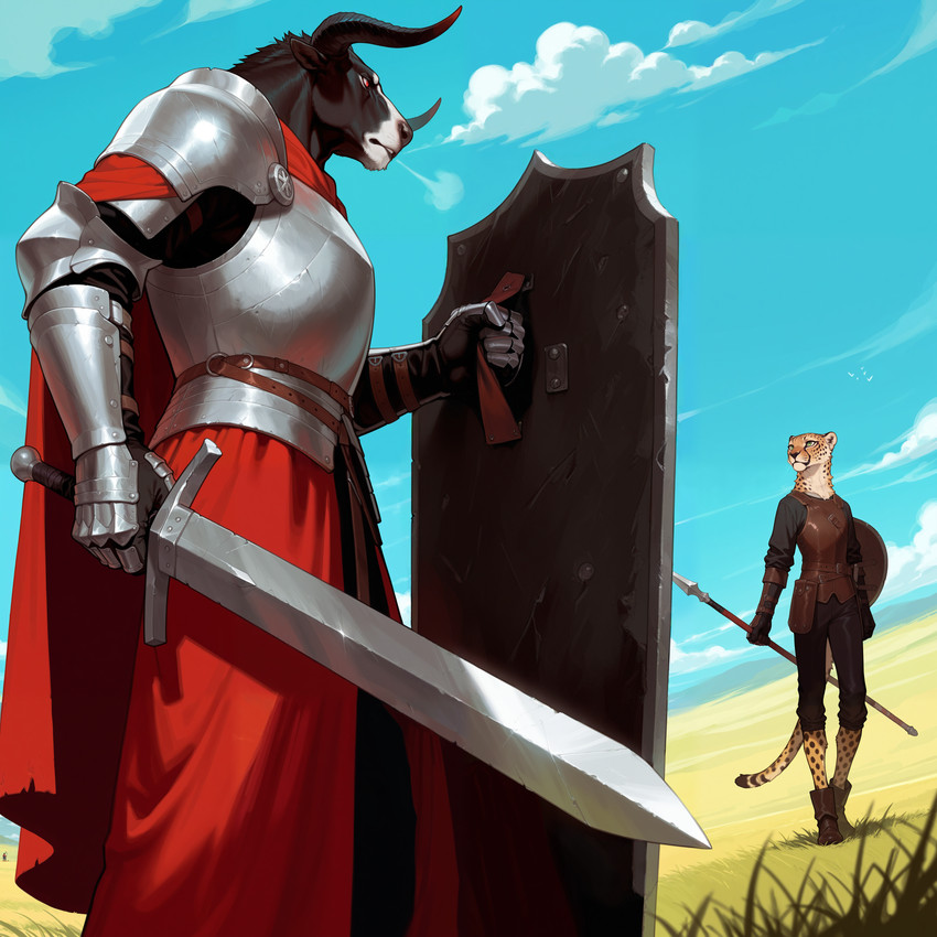 anthro armor belt breath_cloud cape clothing cloud duo foreshortening gauntlets gloves grass_field handwear horn knight leather leather_armor male medieval medieval_fantasy melee_weapon polearm shield shoulder_pads sky spear sword warrior weapon cerinil bovid bovine cattle cheetah felid feline mammal absurd_res hi_res