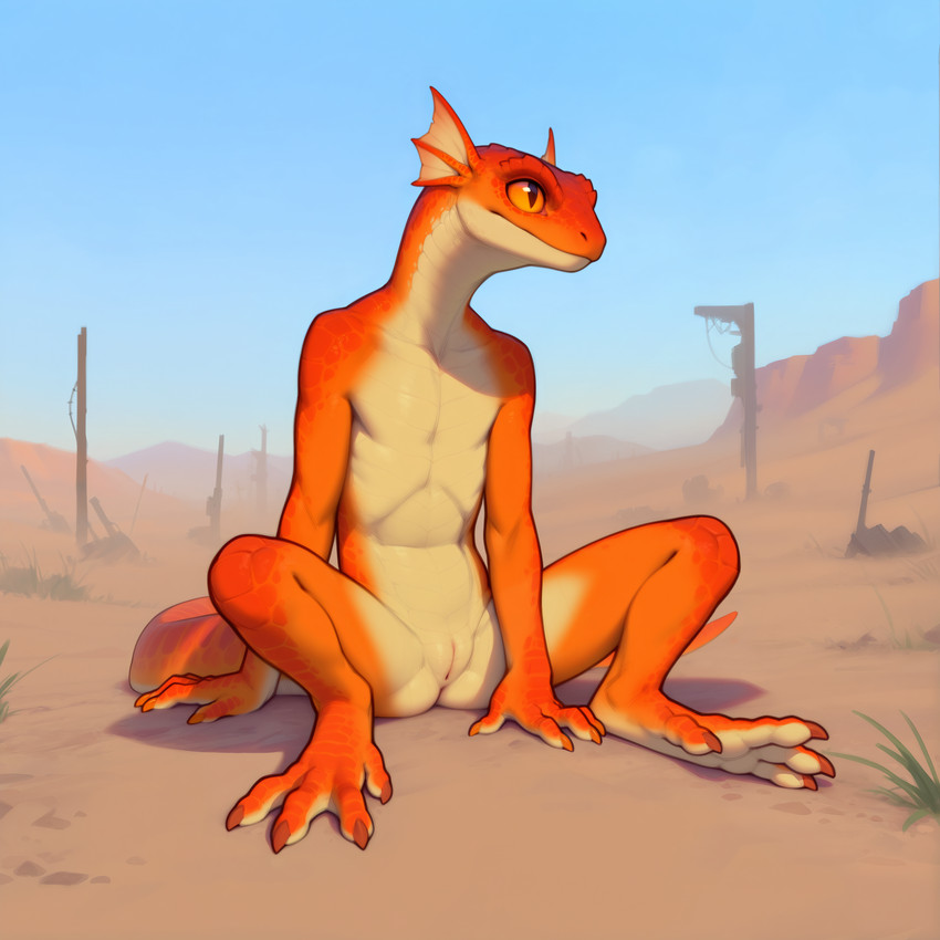 4_fingers 4_toes anthro big_eyes blue_sky blurred_background claws desert ear_fins feet female fin fingers flat_chested genitals hand_on_ground looking_away neutral_expression on_ground orange_body orange_claws orange_eyes orange_scales outside pupils pussy scales sitting_on_ground sky slim_body slim_female slit_pupils solo tan_body tan_scales toes ventral_scales adragocult gecko lizard reptile scalie absurd_res hi_res