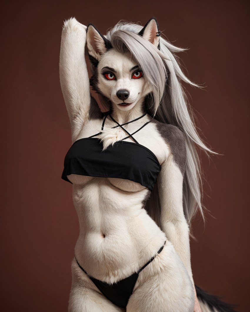 animal_ears anthro black_clothing black_topwear breasts clothing ear_piercing ear_ring female fur grey_body grey_fur hair hand_behind_head long_hair piercing realistic realistic_fur red_sclera ring_piercing simple_background solo thong topwear under_boob underwear white_body white_fur nealime helluva_boss loona_(helluva_boss) canid canid_demon demon hellhound mammal hi_res