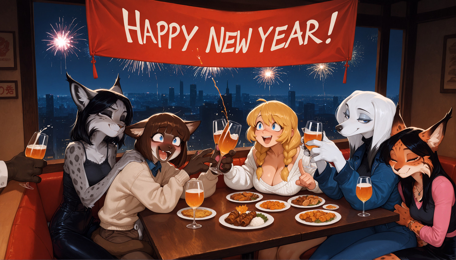 anthro ball_grab balls beverage blue_eyes booth breasts city city_background cleavage clothed clothing female festive fireworks food fur furniture genitals group hair inner_ear_fluff ponytail prick_ears smile spots spotted_body spotted_fur table tuft anonymous_director invoke_high canid canine canis domestic_cat domestic_dog felid feline felis human hunting_dog lynx mammal saluki siamese sighthound hi_res