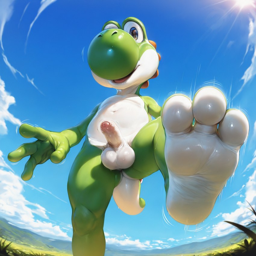 3_toes 4_fingers anthro balls barefoot cloud day detailed_background erection feet fingers foot_focus genitals grass humanoid_feet light looking_at_viewer male nude penis plant soles solo sun sunlight toes wrinkled_feet anonymous_director nintendo super_mario_bros dinosaur reptile scalie yoshi hi_res