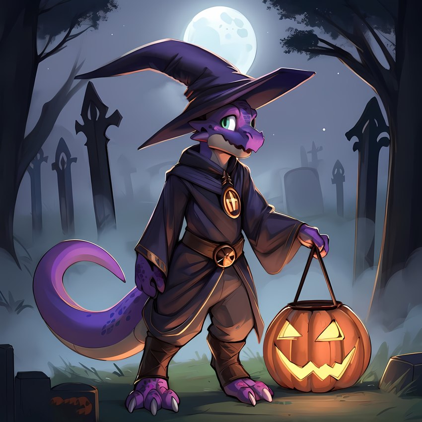 ambiguous_gender anthro black_clothing cemetery clothing fog food fruit grass green_eyes halloween hat headgear headwear holding_object jack-o'-lantern light looking_at_viewer magic_user moon moonlight plant pumpkin purple_body purple_scales scales smile solo spikes standing tombstone wizard_hat clawsome dragon kobold absurd_res hi_res