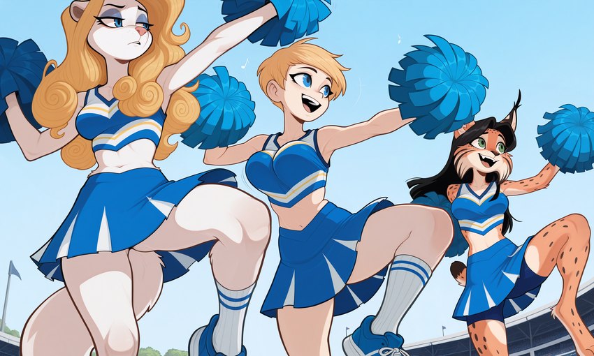 anthro blonde_hair blue_eyes breasts cheerleader cheerleader_outfit clothing dark_hair female footwear group hair pom_poms smile socks stadium trio anonymous_director felid feline human mammal mink mustelid musteline true_musteline hi_res