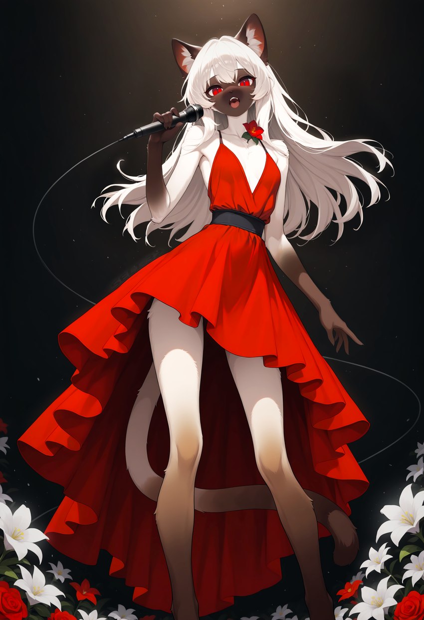 5_fingers anthro breasts clothed clothing dress female fingers flower fur gloves_(marking) hair leg_markings long_hair looking_at_viewer markings microphone open_mouth plant red_clothing red_dress red_eyes rose_(flower) singing slim small_breasts socks_(marking) solo standing tuft white_body white_fur white_hair seli-32 chai_(seli-32) domestic_cat felid feline felis mammal siamese absurd_res hi_res portrait