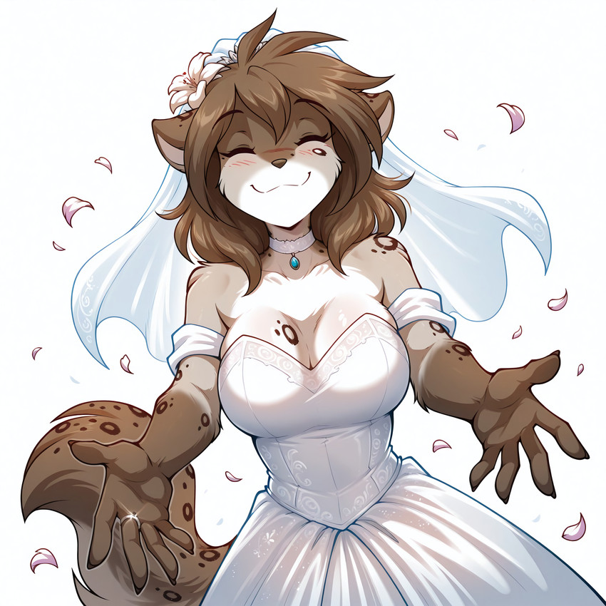 accessory anthro bare_shoulders big_breasts blush breasts brown_body brown_fur brown_hair choker cleavage clothed clothing digit_ring dress eyes_closed female flower flower_in_hair flower_petals front_view fur gem grey_body grey_fur hair hair_accessory inviting jewelry necklace petals plant reaching_towards_viewer ring simple_background smile solo standing strapless_clothing strapless_dress wedding_dress wedding_ring wedding_veil white_background white_body white_fur yan twokinds kathrin_vaughan felid mammal pantherine snow_leopard 2025 absurd_res hi_res portrait three-quarter_portrait