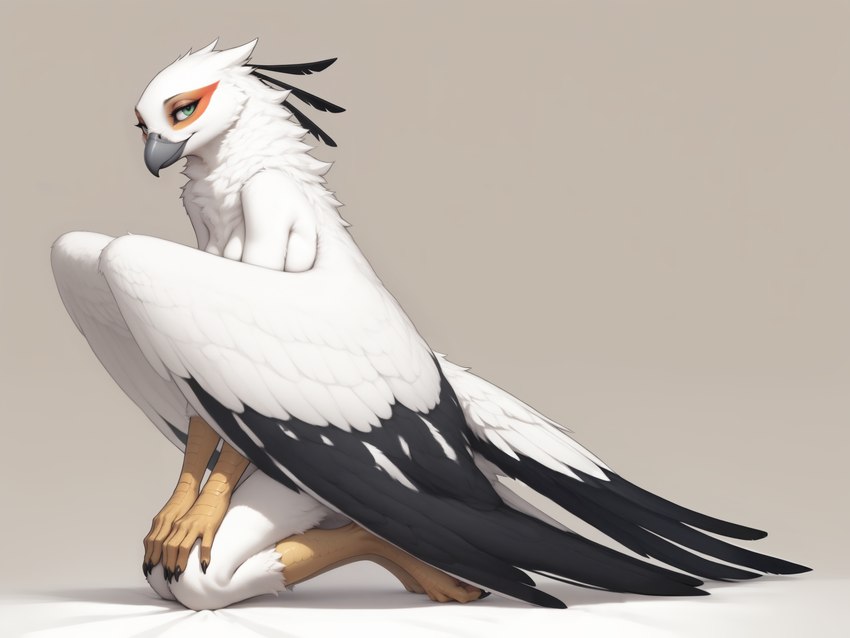 anthro beak claws feathered_wings feathers female fluffy green_eyes hands_on_knees hands_on_legs kneeling looking_at_viewer neck_tuft scuted_arms scuted_legs scutes side_view simple_background smile solo tail_feathers tuft white_body wings wings_covering_breasts oldhroft accipitriform avian bird secretary_bird absurd_res hi_res