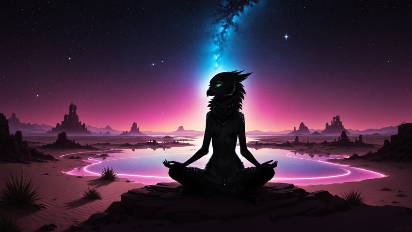 5_fingers amazing_background anthro beak black_body black_fur breasts crossed_legs desert detailed_background female fingers fluffy fur genitals glowing glowing_genitalia glowing_pussy green_pussy green_sclera lake meditating nebula neck_tuft night pussy silhouette sitting sitting_on_rock sky slim small_breasts solo spots spotted_body spotted_fur star starry_sky tuft water oldhroft shadow_(oldhroft) avian velari absurd_res hi_res wallpaper